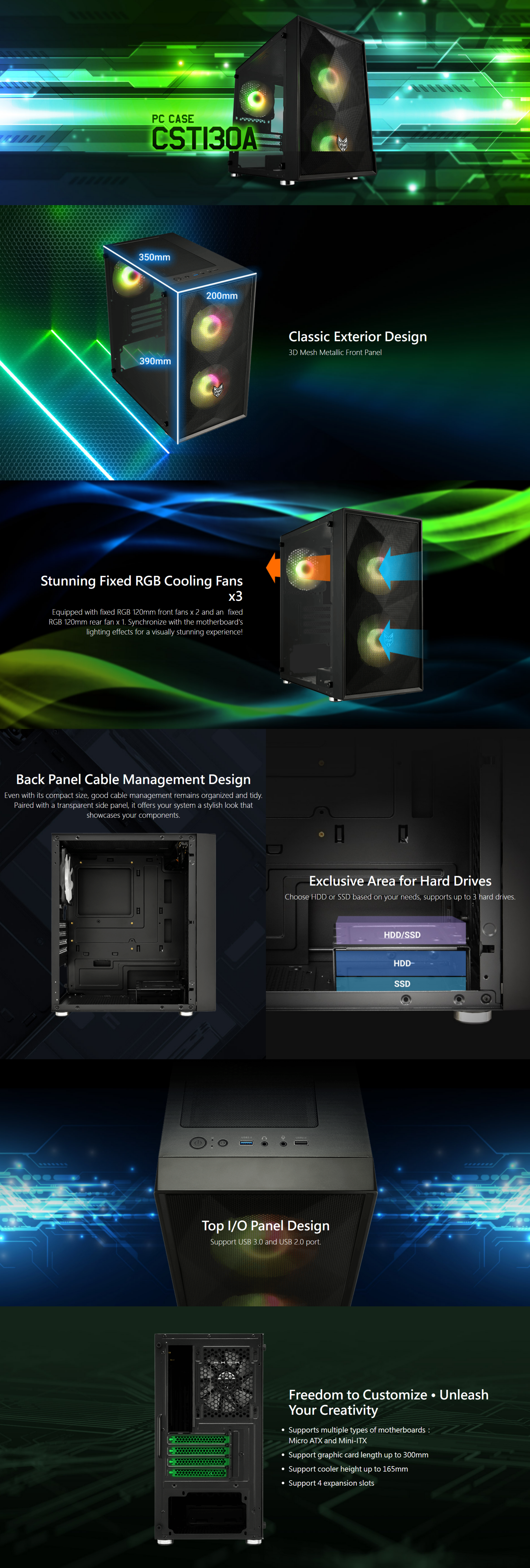 A large marketing image providing additional information about the product FSP CST130A mATX Tower Case - Black - Additional alt info not provided